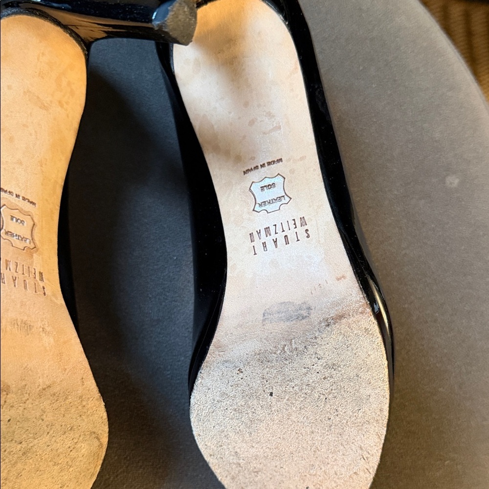 Stuart Weitzman Glossy Black Patent Leather Womens 6.5 Peep-Toe Heels - Picture 9 of 10